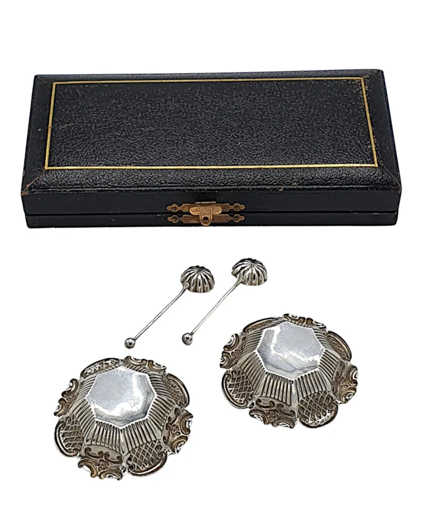 A Gorgeous Early 20th Century Edwardian Boxed Sterling Silver Salts and Spoons