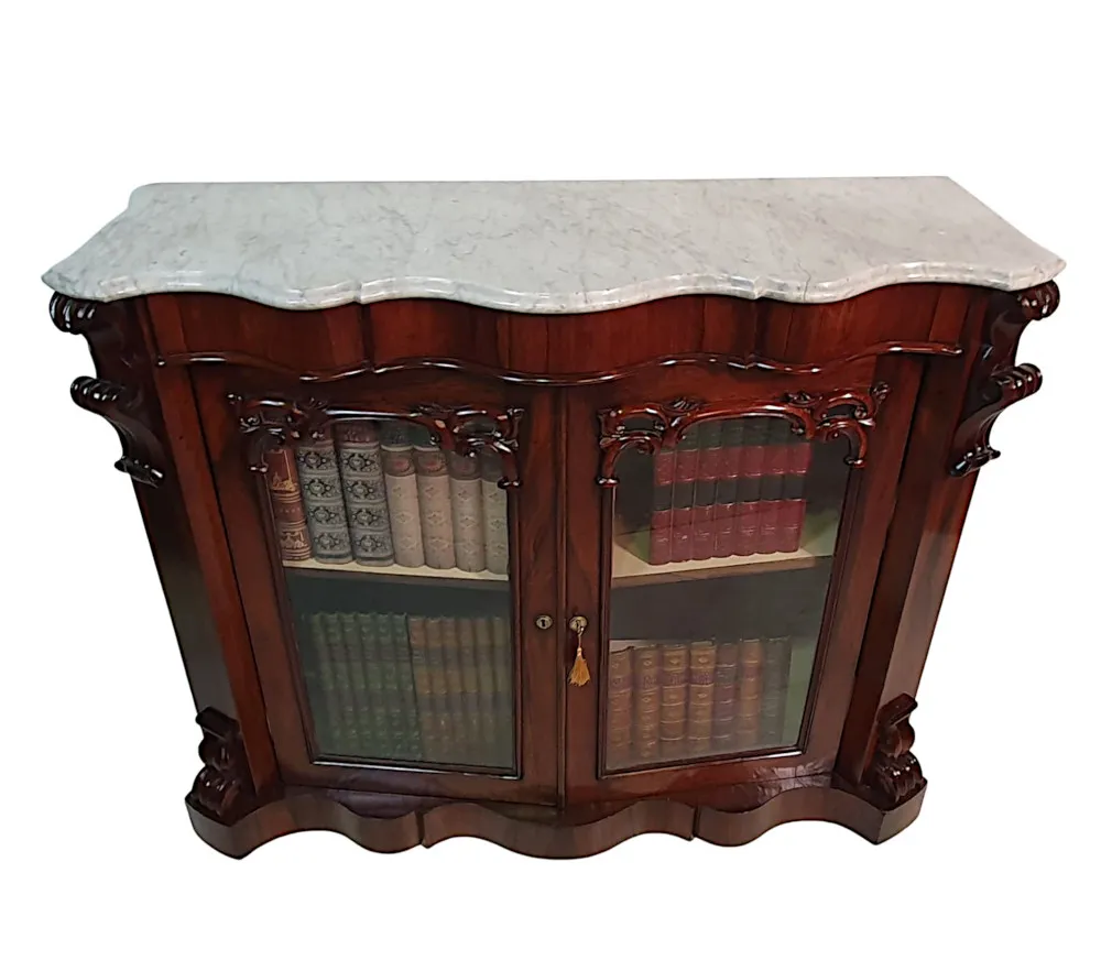 A Very Fine 19th Century Carrara Marble Top Fruitwood Side Cabinet or Bookcase
