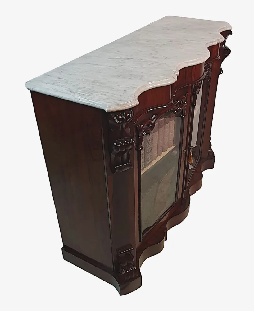 A Very Fine 19th Century Carrara Marble Top Fruitwood Side Cabinet or Bookcase