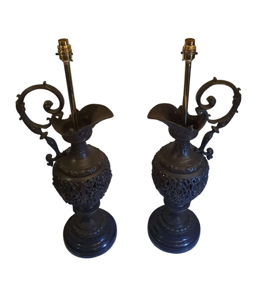 A Rare Pair of 19th Century Bronze Ewers Converted To Table Lamps