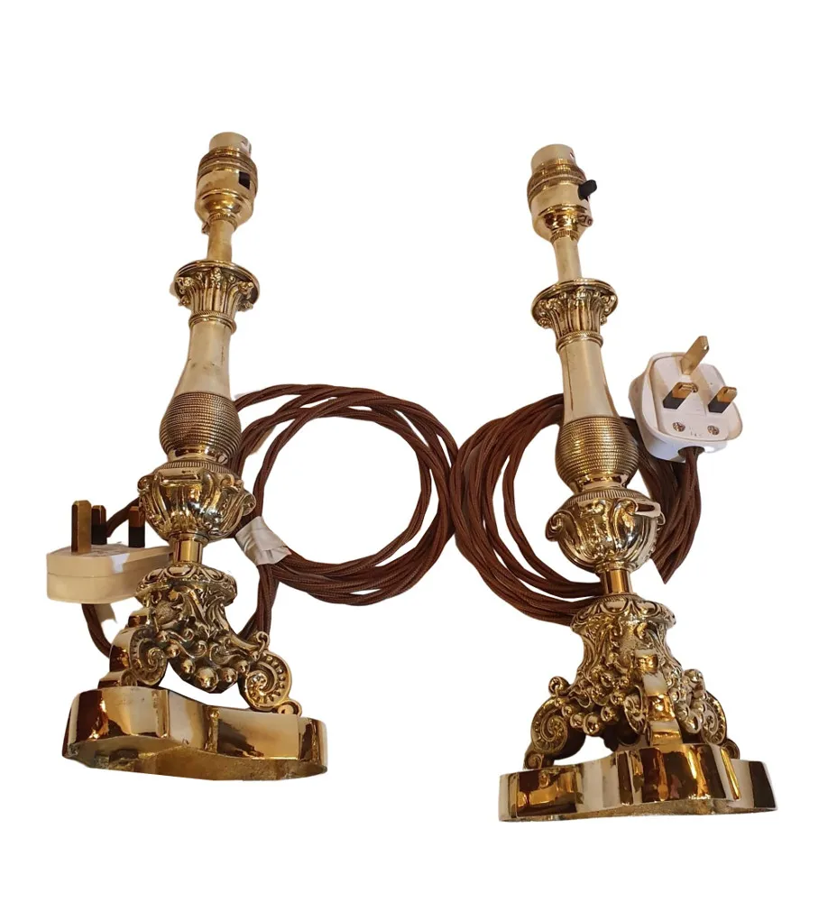 A Stunning Pair of 19th Century Empire Style Candlesticks in Brass and Polished Steel Converted to Table Lamps