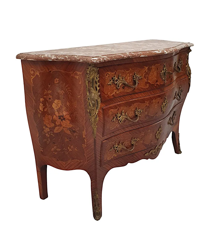 A Very Fine 19th Century Marquetry Inlaid Marble Top Chest of Drawers