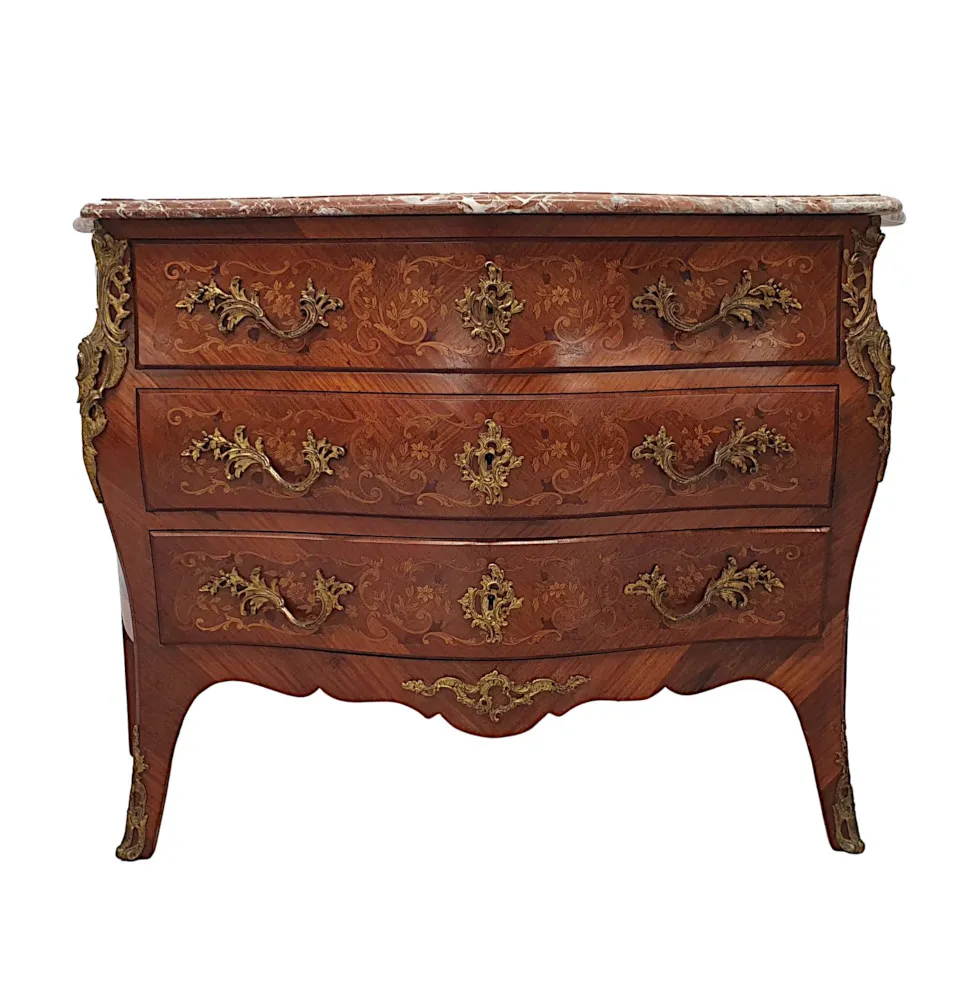 A Very Fine 19th Century Marquetry Inlaid Marble Top Chest of Drawers