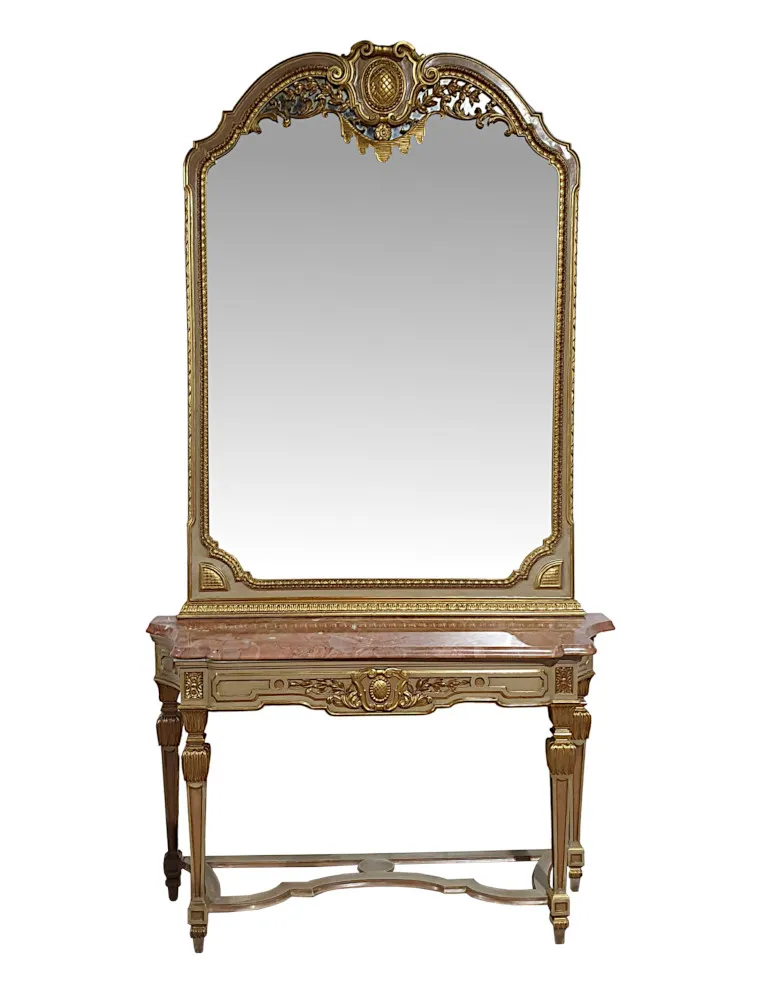 A Very Fine Early 20th Century French Parcel Gilt Marble Top Console Table and Matching Giltwood Mirror