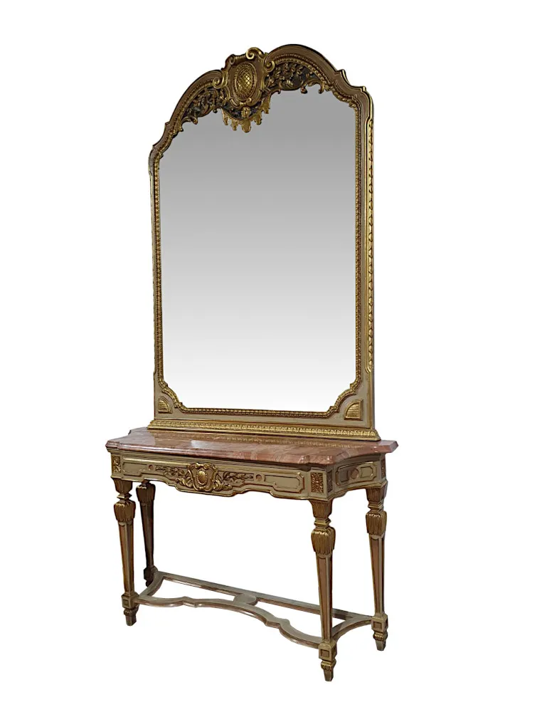 A Very Fine Early 20th Century French Parcel Gilt Marble Top Console Table and Matching Giltwood Mirror