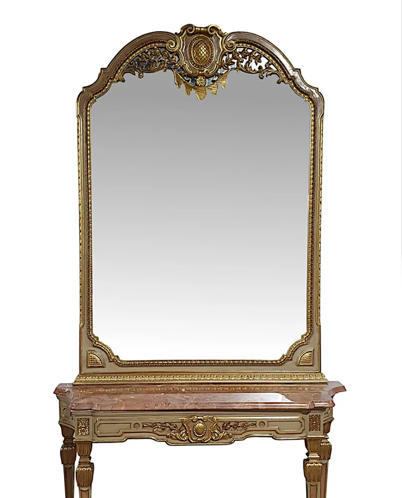 A Very Fine Early 20th Century French Parcel Gilt Marble Top Console Table and Matching Giltwood Mirror