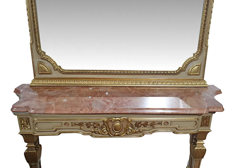 A Very Fine Early 20th Century French Parcel Gilt Marble Top Console Table and Matching Giltwood Mirror