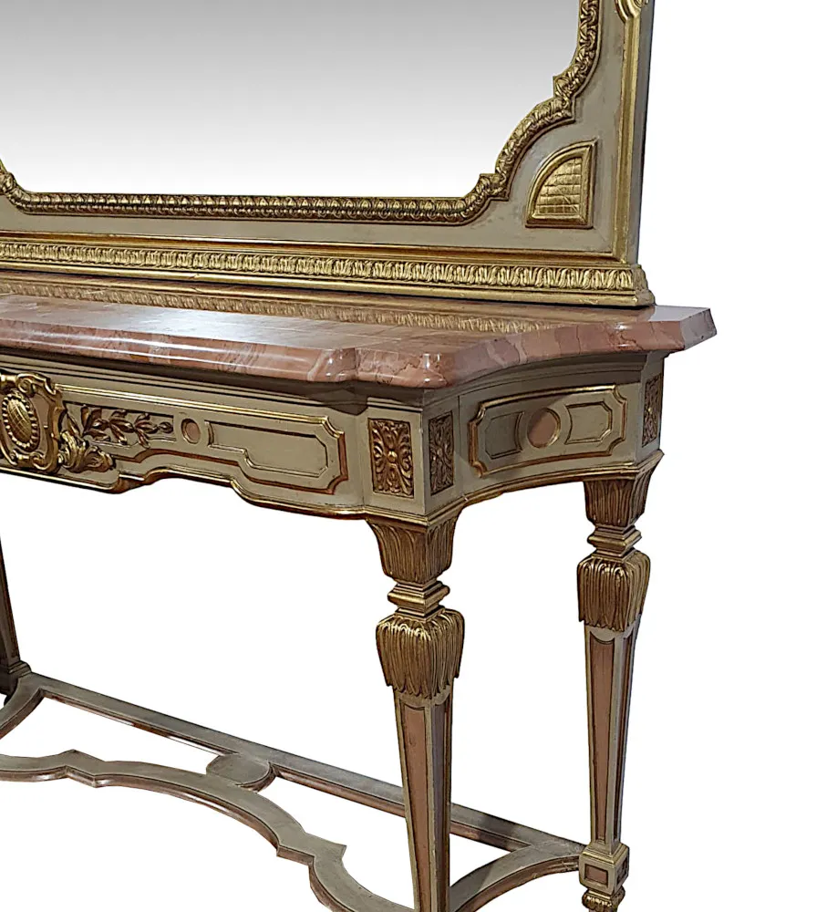 A Very Fine Early 20th Century French Parcel Gilt Marble Top Console Table and Matching Giltwood Mirror