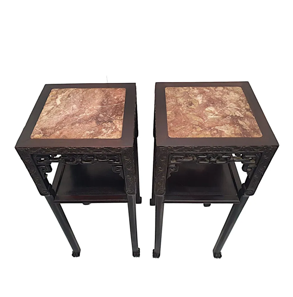 A Very Rare and Fine Pair of 19th Century Chinese Marble Topped Plant or Bust Stands