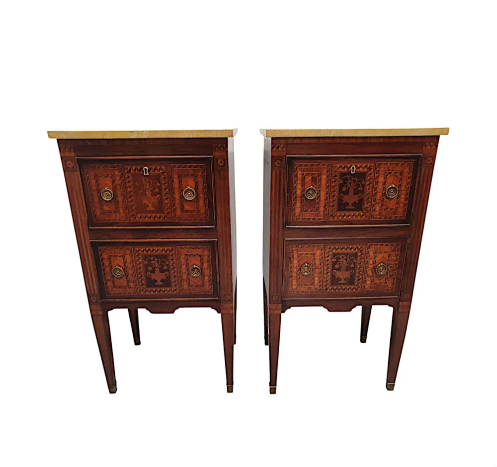 A Fine Pair of Early 20th Century Highly Inlaid Marble Top Bedside Chests