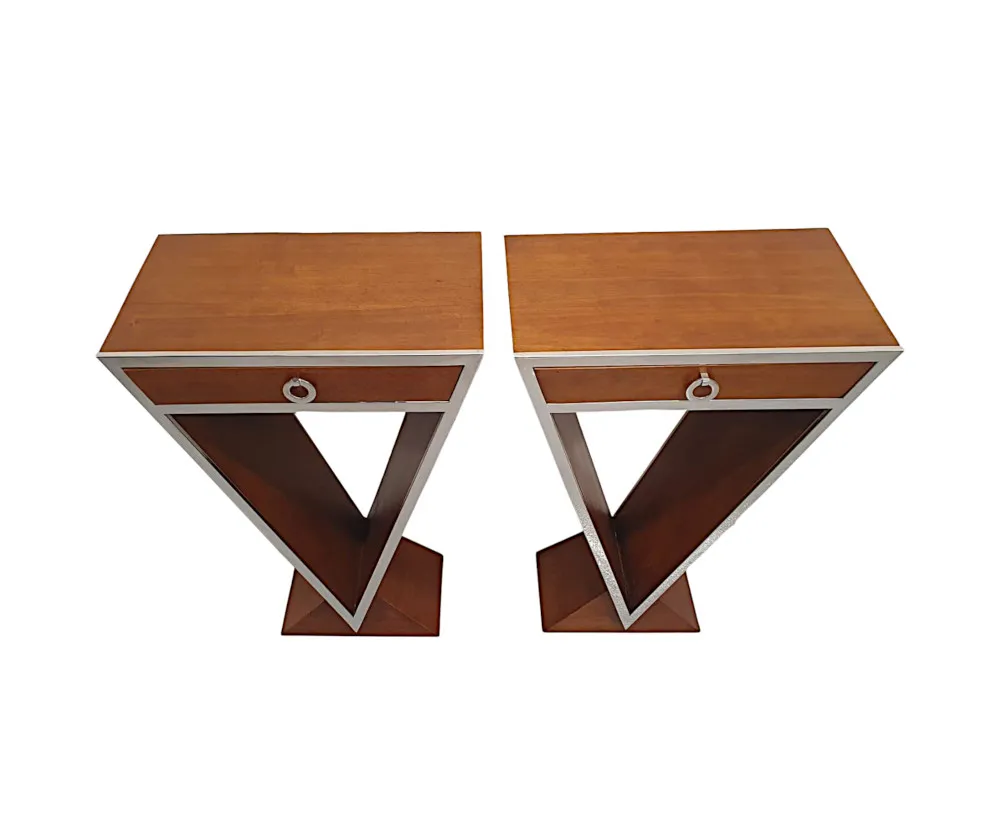 A Stunning Pair of Walnut and Chrome Side Tables in the Art Deco Style