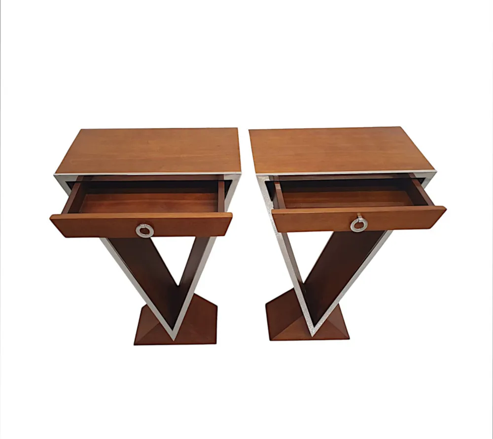 A Stunning Pair of Walnut and Chrome Side Tables in the Art Deco Style