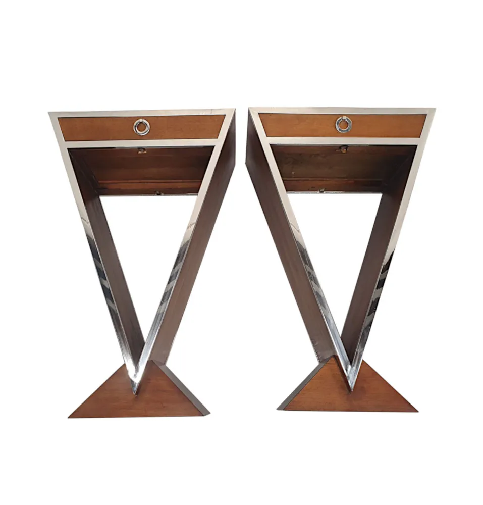 A Stunning Pair of Walnut and Chrome Side Tables in the Art Deco Style