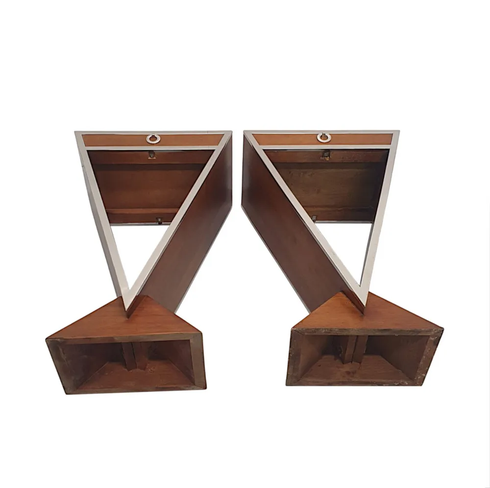 A Stunning Pair of Walnut and Chrome Side Tables in the Art Deco Style