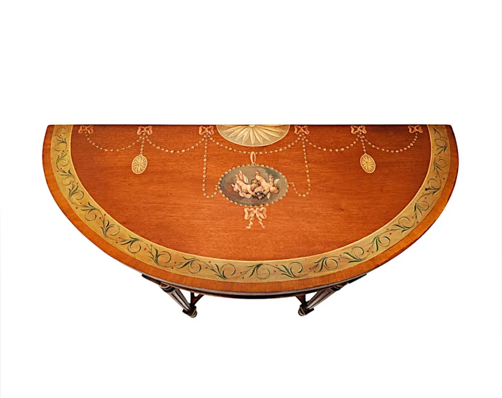 A Very Fine Pair of 20th Century Hand Painted Demilune Side Tables 