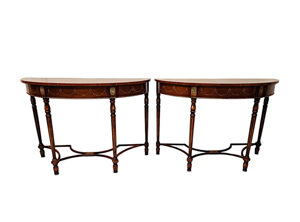 A Very Fine Pair of 20th Century Hand Painted Demilune Side Tables 
