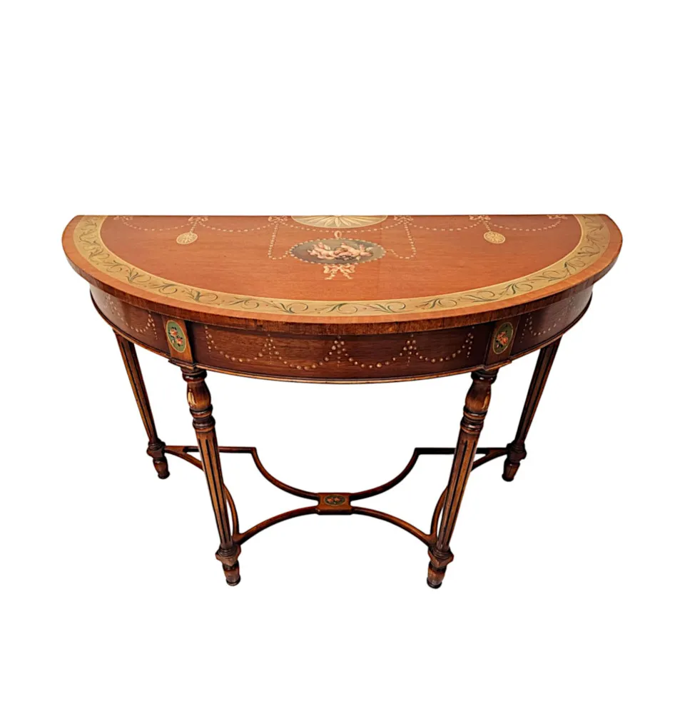 A Very Fine Pair of 20th Century Hand Painted Demilune Side Tables 