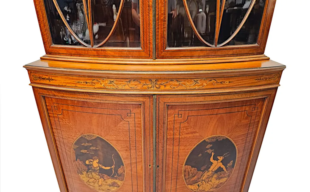A Very Fine Edwardian Marquetry Inlaid Bowfronted Bookcase in the Manner of Edward and Roberts
