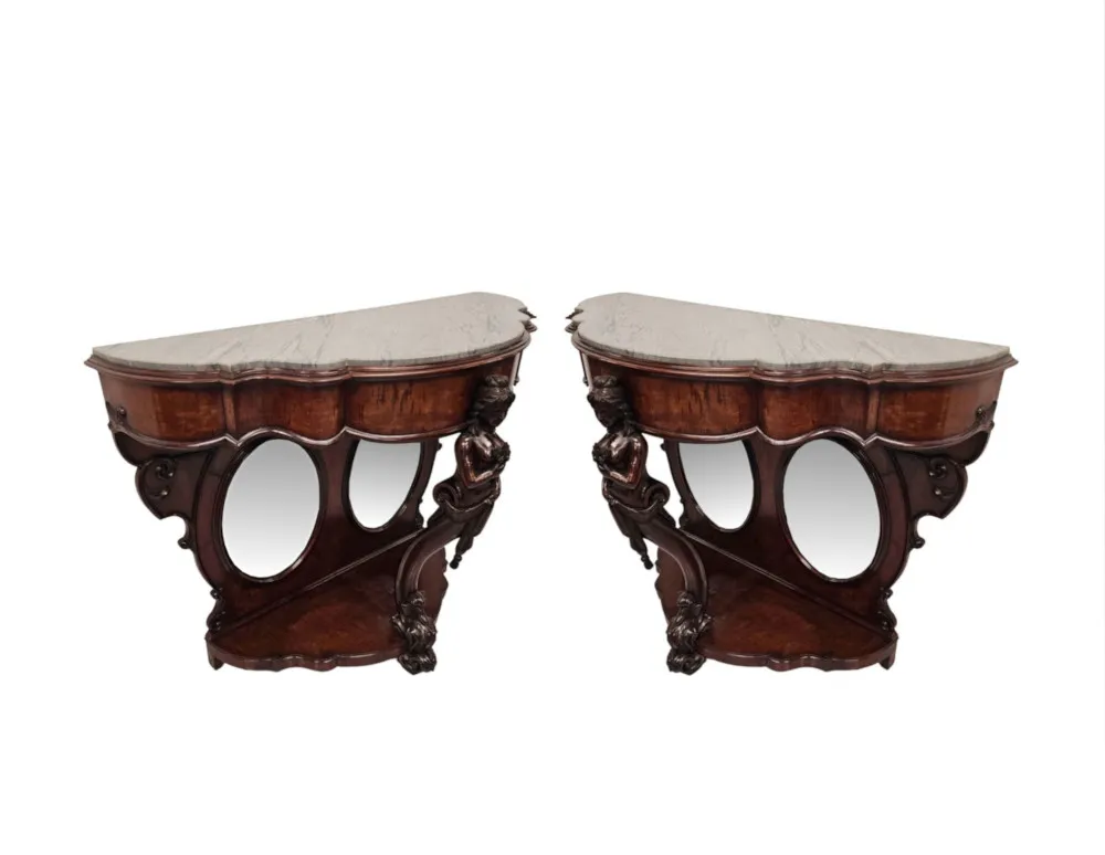 A Very Rare and Impressive Pair of Tall 19th Century Marble Top Country House Console Tables 