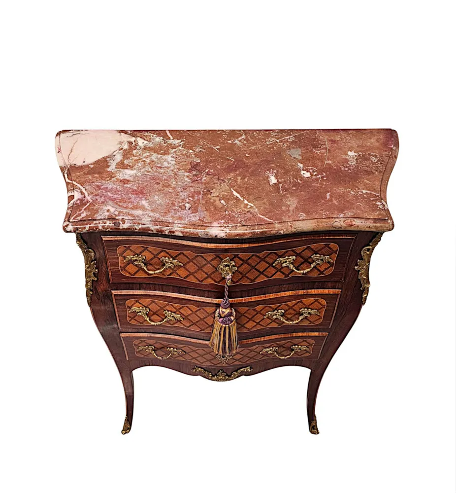 A Very Rare 19th Century Marble Top Inlaid Ormolu Mounted Chest of Drawers