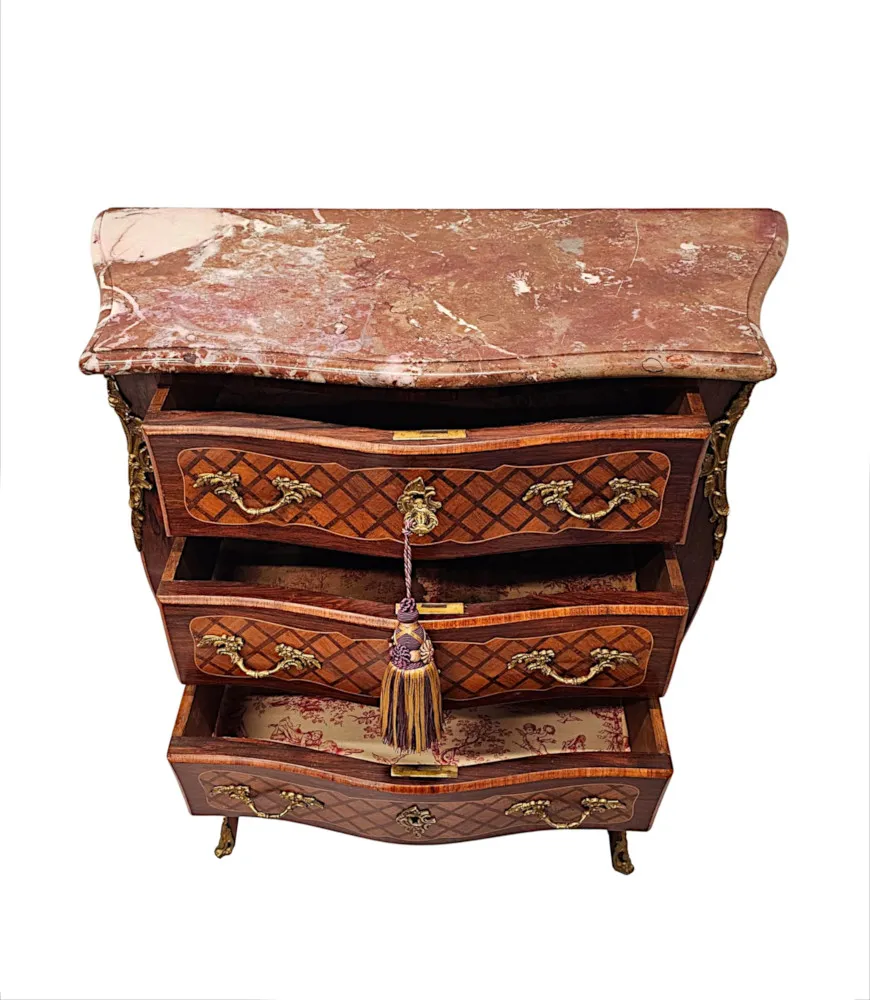 A Very Rare 19th Century Marble Top Inlaid Ormolu Mounted Chest of Drawers