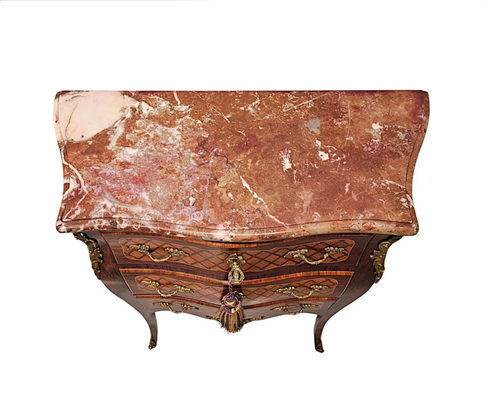 A Very Rare 19th Century Marble Top Inlaid Ormolu Mounted Chest of Drawers