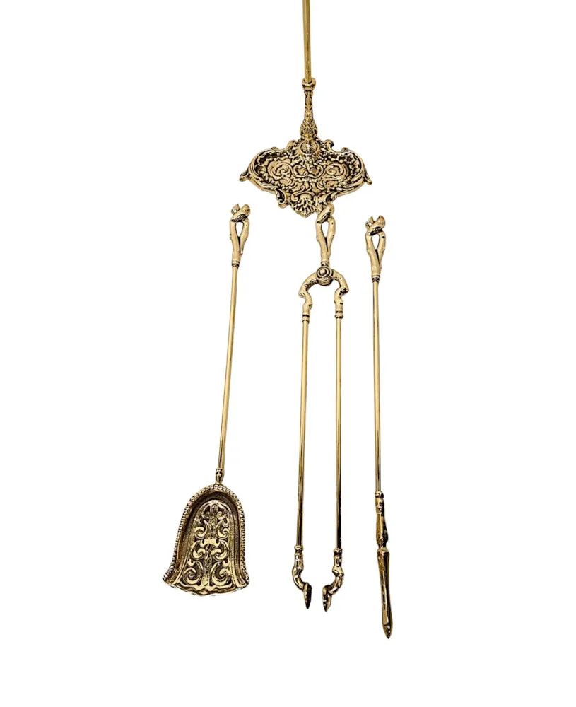  A Very Fine Set of Fully Polished Brass 19th Century Upright Fire Irons on Stand 