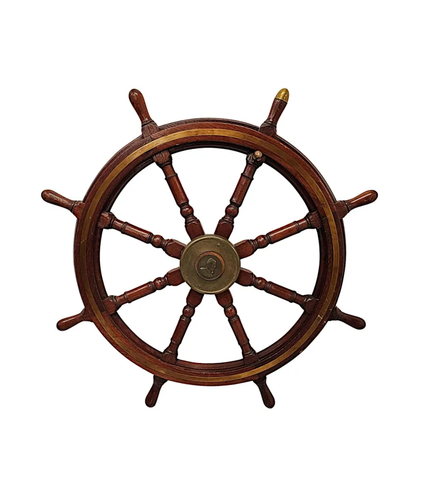 A Very Fine Large Size 19th Century Teak and Brass Ships Wheel 