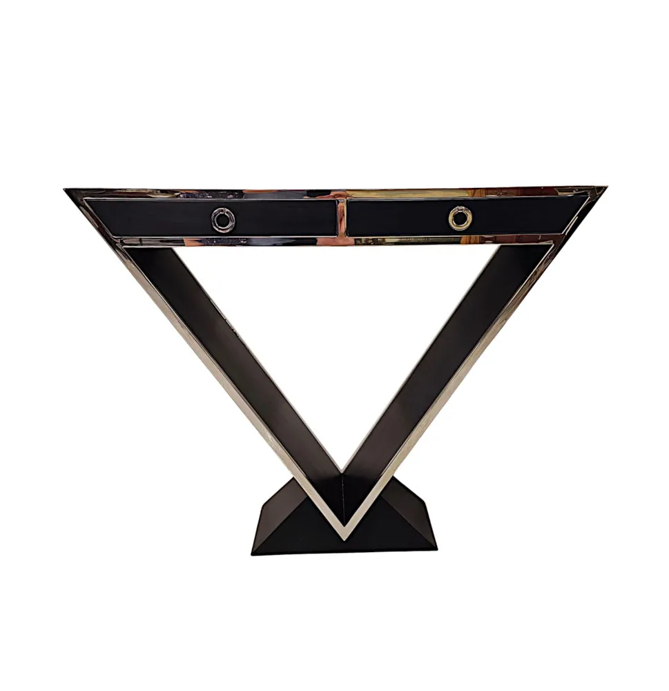 A Stunning Art Deco Style Black Laquered Timber and Chrome Console Table