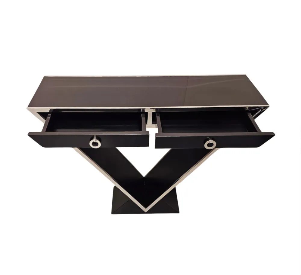 A Stunning Art Deco Style Black Laquered Timber and Chrome Console Table