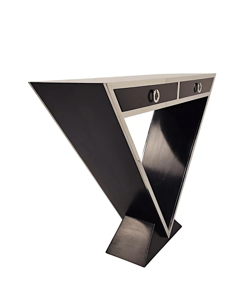A Stunning Art Deco Style Black Laquered Timber and Chrome Console Table