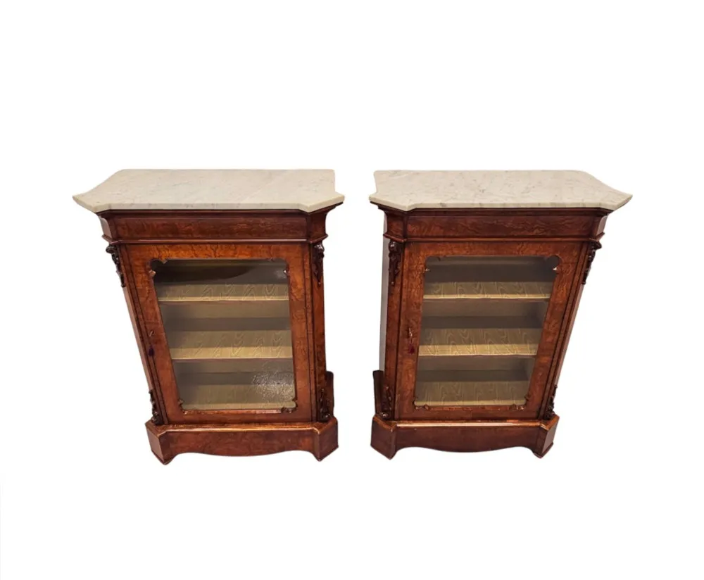A Very Rare Pair of 19th Century Carrara White Marble Top Cabinets