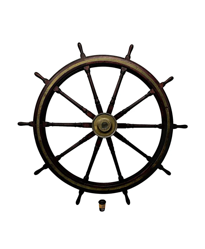  An Extremely Rare Massive 19th Century Oak and Brass Ships Wheel 