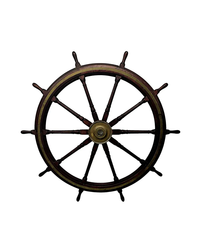  An Extremely Rare Massive 19th Century Oak and Brass Ships Wheel 