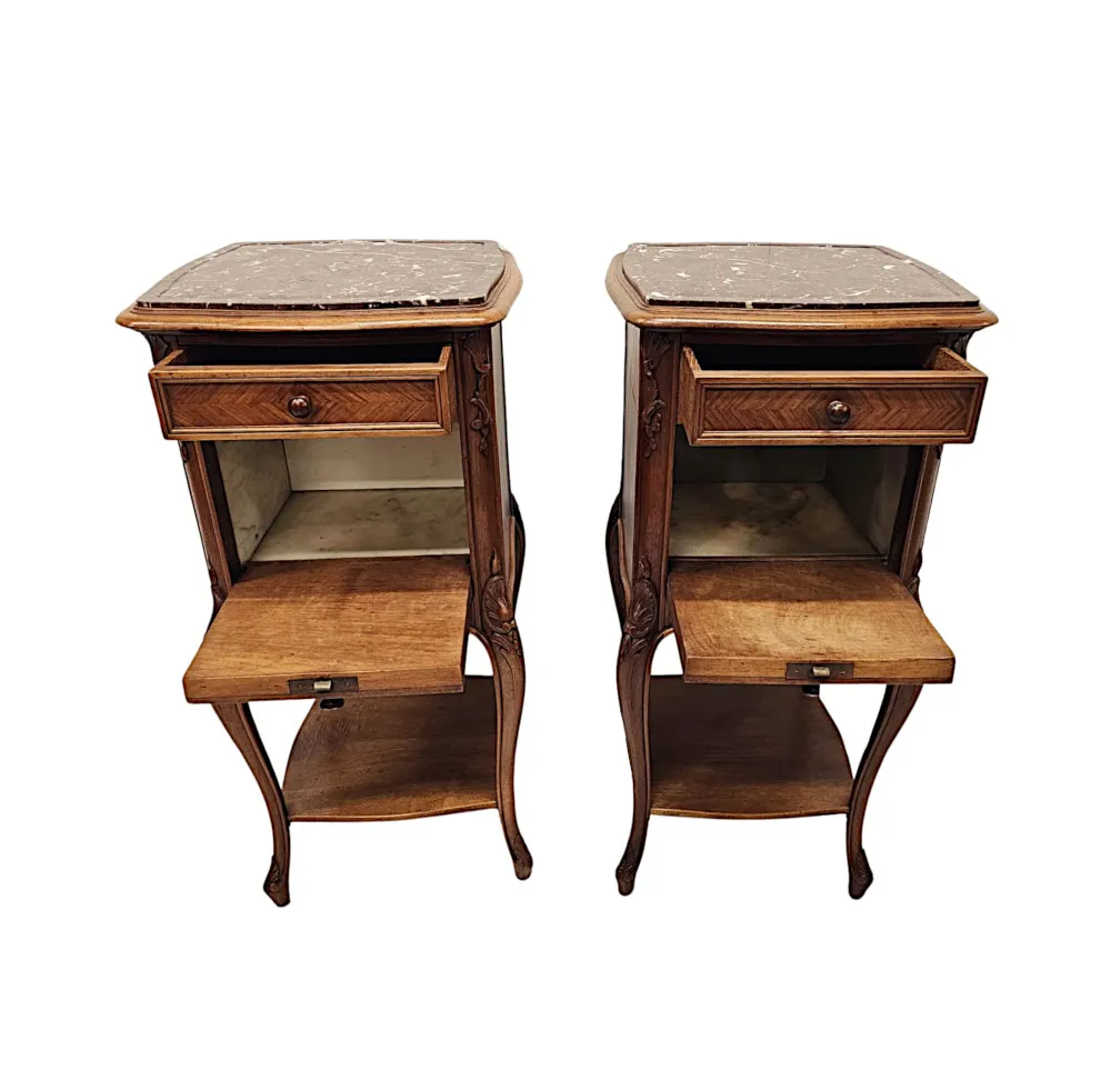 A Stunning Pair of 19th Century Walnut Marble Top Bedside Cabinets
