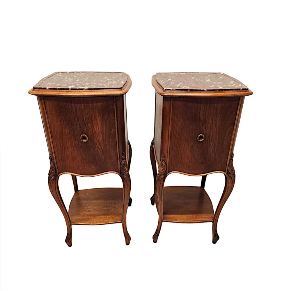 A Stunning Pair of 19th Century Walnut Marble Top Bedside Cabinets