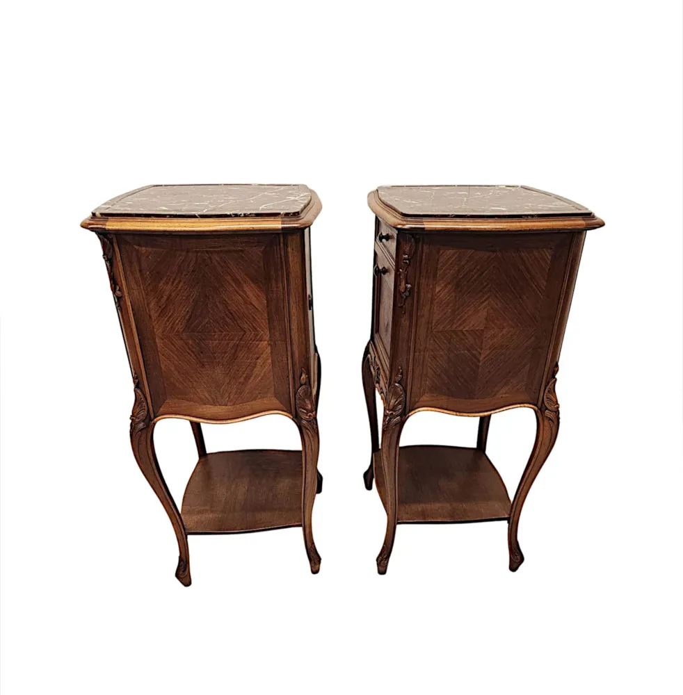 A Stunning Pair of 19th Century Walnut Marble Top Bedside Cabinets
