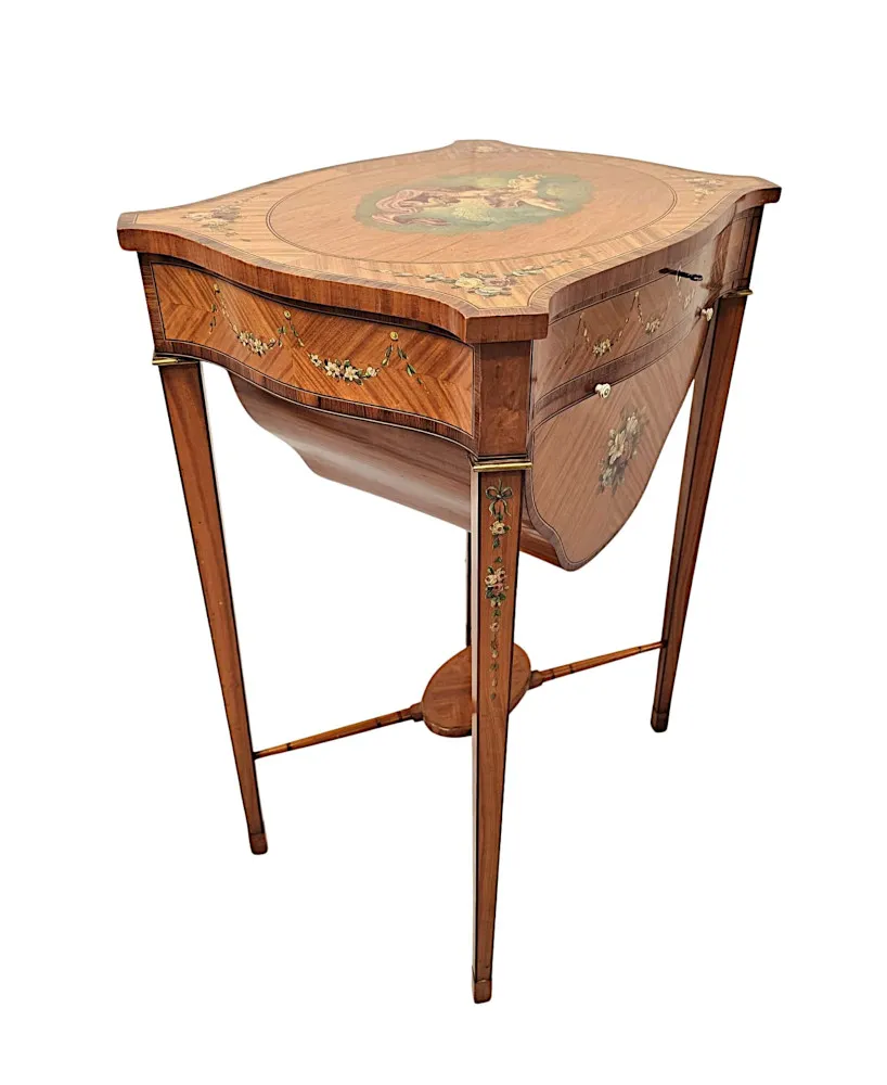 A Rare Late 19th Century Inlaid and Hand Painted Side or Sewing Table