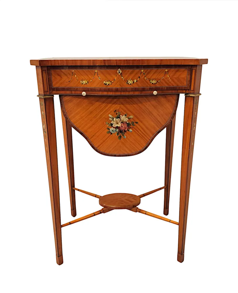 A Rare Late 19th Century Inlaid and Hand Painted Side or Sewing Table