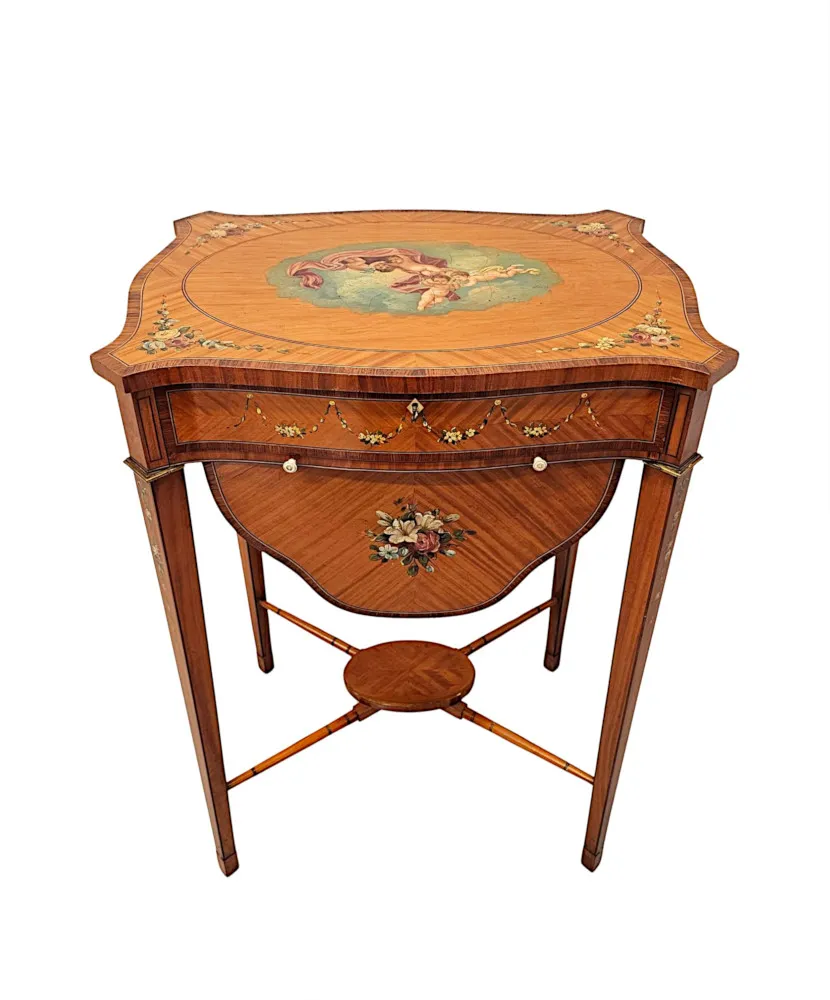 A Rare Late 19th Century Inlaid and Hand Painted Side or Sewing Table