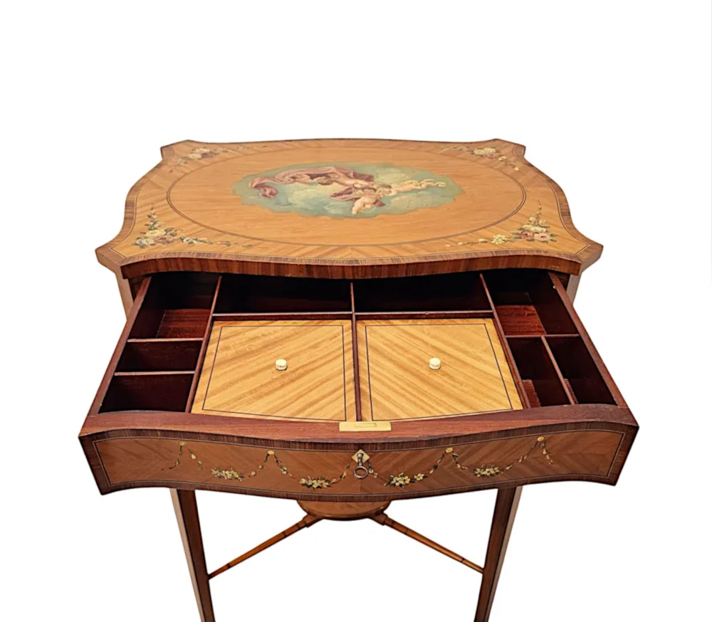 A Rare Late 19th Century Inlaid and Hand Painted Side or Sewing Table
