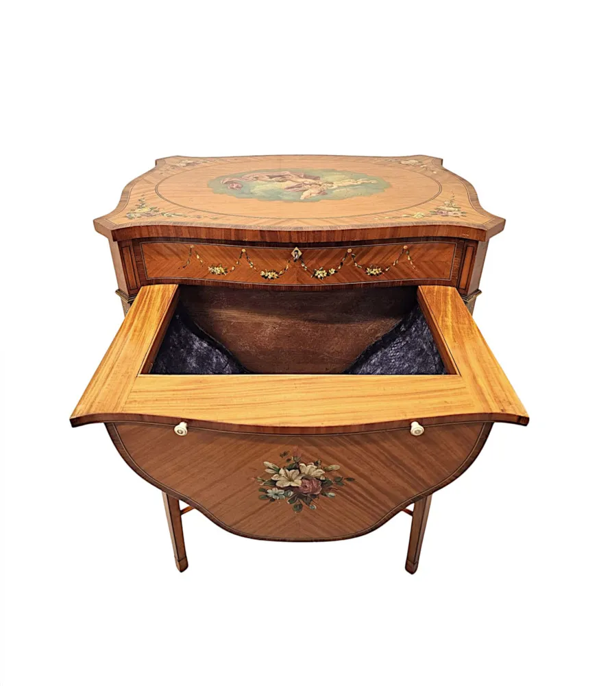 A Rare Late 19th Century Inlaid and Hand Painted Side or Sewing Table