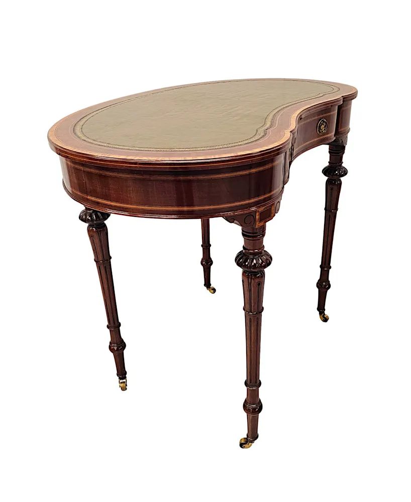 A Very Rare Late 19th Century Inlaid Leather Top Kidney Shape Desk Labelled 'Millar and Beatty Dublin'
