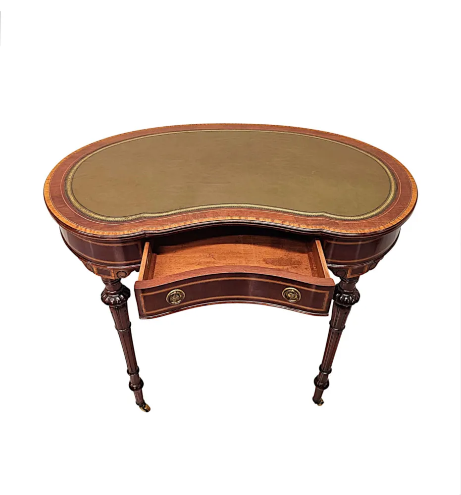 A Very Rare Late 19th Century Inlaid Leather Top Kidney Shape Desk Labelled 'Millar and Beatty Dublin'