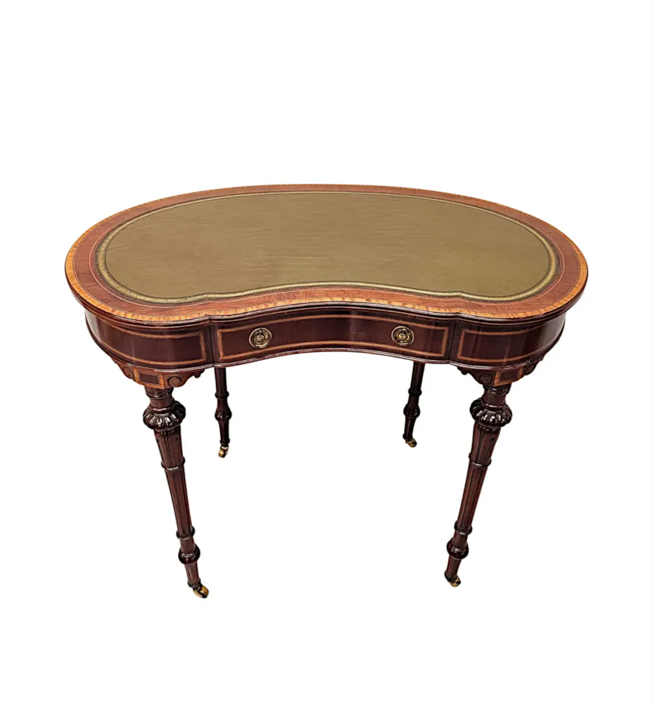 A Very Rare Late 19th Century Inlaid Leather Top Kidney Shape Desk Labelled 'Millar and Beatty Dublin'
