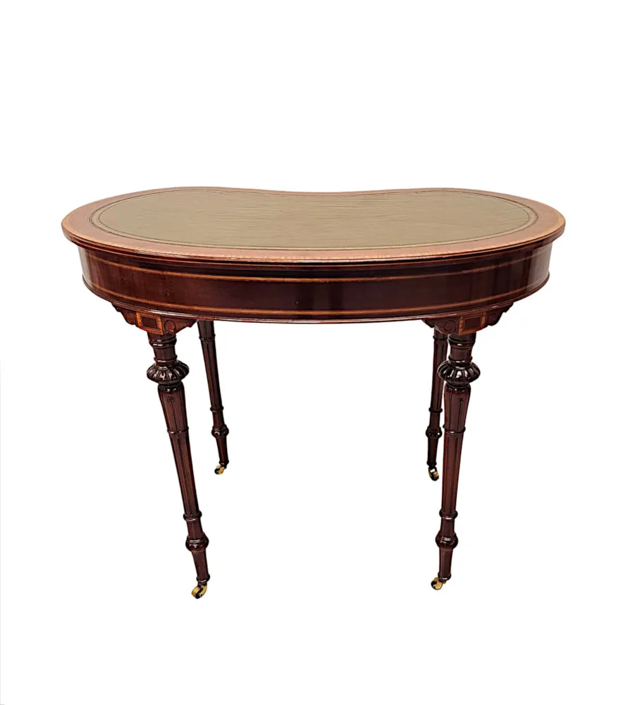 A Very Rare Late 19th Century Inlaid Leather Top Kidney Shape Desk Labelled 'Millar and Beatty Dublin'