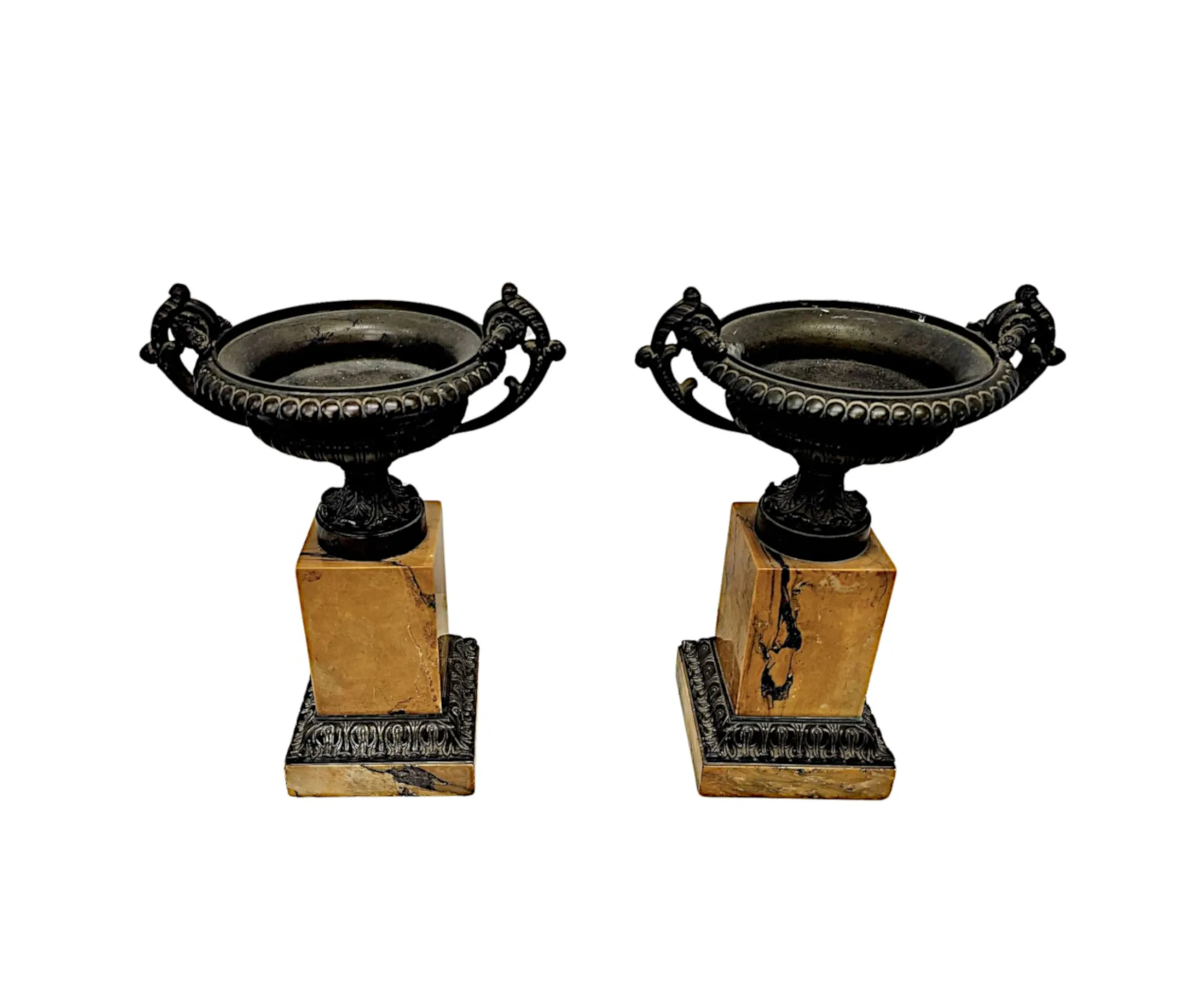 A Very Rare Pair of 19th Century Bronze and Sienna Marble Tazza Urns