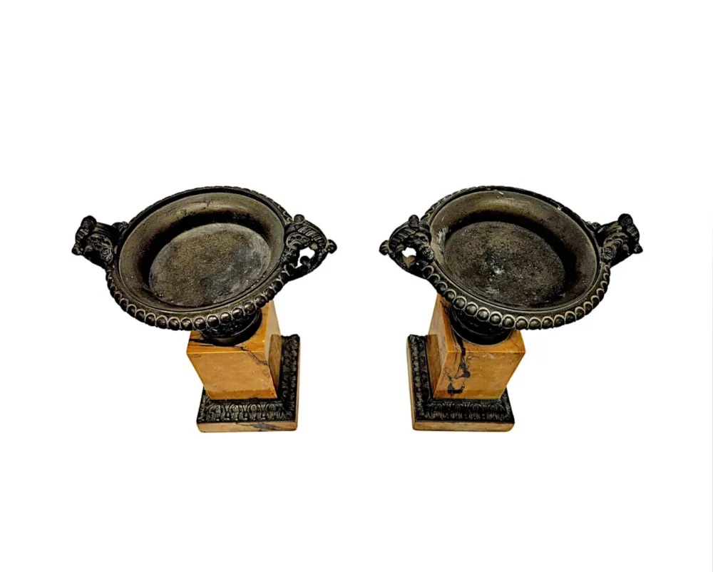 A Very Rare Pair of 19th Century Bronze and Sienna Marble Tazza Urns