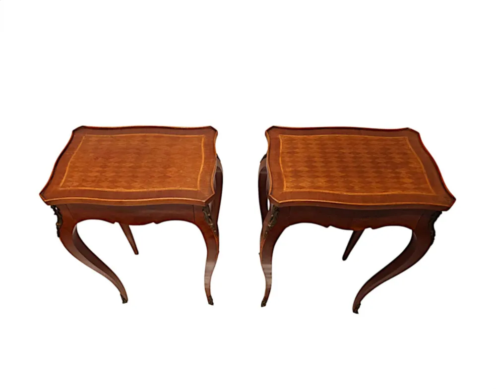 A Fabulous Pair of Early 20th Century Ormolu Mounted Side Tables with Parquetry Detail