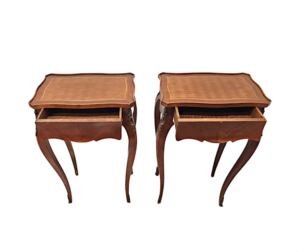 A Fabulous Pair of Early 20th Century Ormolu Mounted Side Tables with Parquetry Detail